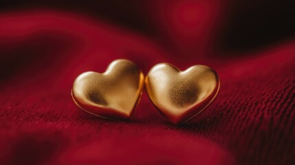 Fototapeta premium Romantic golden heart-shaped objects resting on a luxurious red fabric, symbolizing love, affection, and special moments in life filled with warmth and passion.