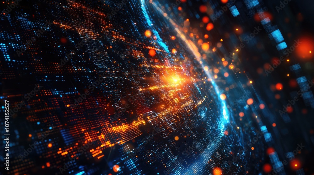 Poster Abstract binary background featuring vibrant radiance in digital space illuminated cloud of large data and structured layers of information