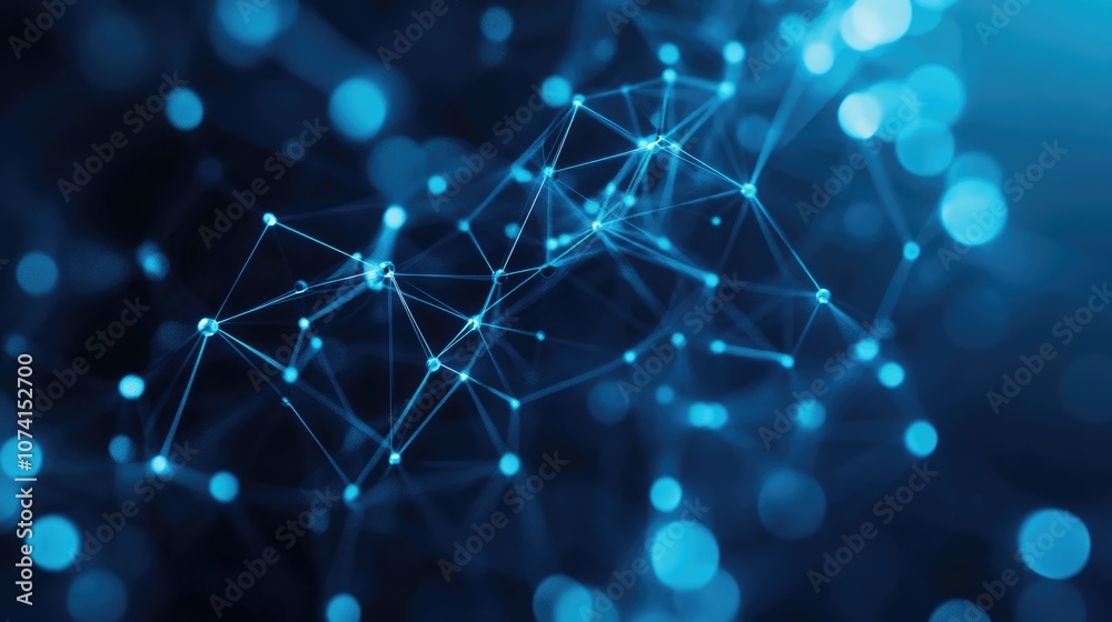 Poster abstract blue digital background featuring interconnected dots and lines representing network connec