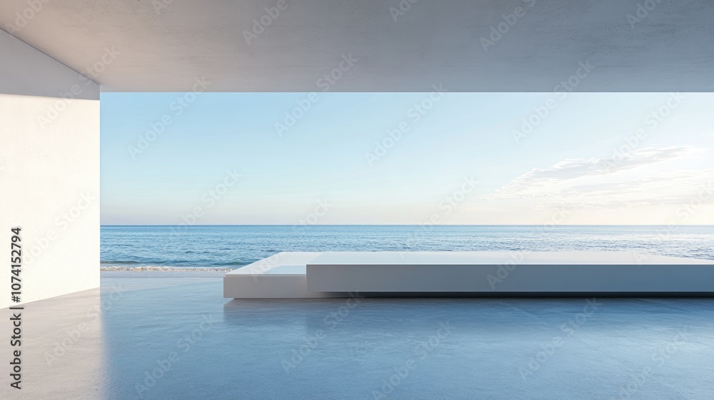 Poster empty gray concrete floor in minimalist architecture featuring a 3d rendering of an abstract white s