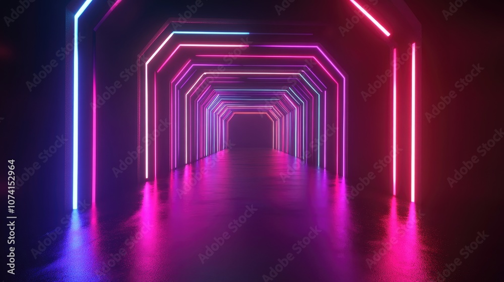 Poster abstract dark background featuring an empty stage scene neon lights illuminate the space creating a 