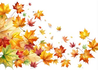 Fototapeta premium Vibrant Watercolor Autumn Leaves Blowing in the Wind on White Background, Perfect for Seasonal Decor and Artistic Projects