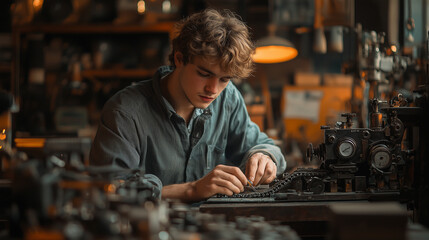 Focused young man assembling intricate mechanical parts in a workshop environment