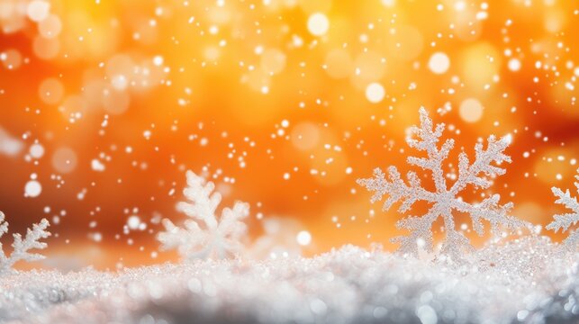 Festive orange backdrop with a winter theme and gently falling snowflakes