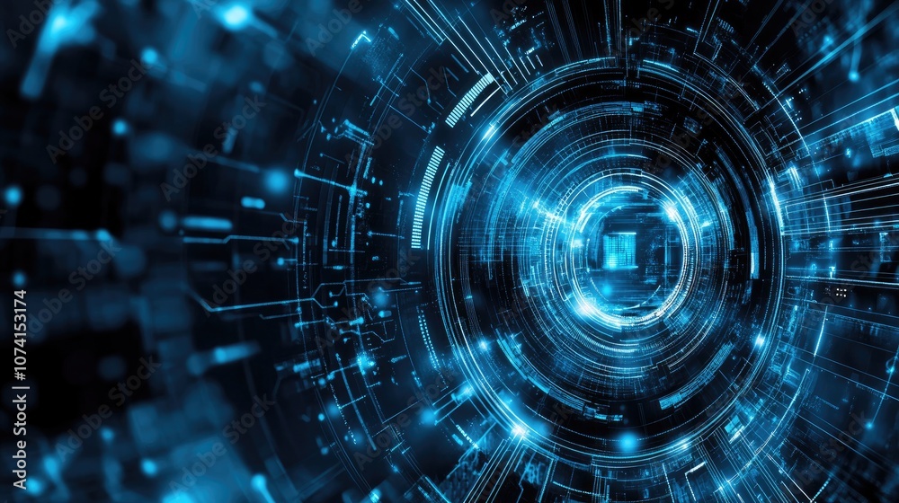Poster futuristic science and technology themed backdrop featuring advanced internet and computing concepts