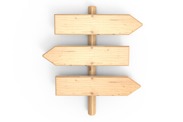 3D wooden directional sign with three arrows pointing in different directions. Isolated on transparent background