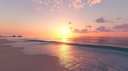 Obraz premium Sunset over a tranquil beach with gentle waves lapping at the shore creating a serene and picturesque atmosphere