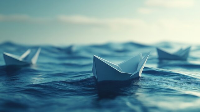 Paper boats navigating contrasting oceans symbolize competitive and non competitive markets illustrating diverse business strategies through 3D rendered imagery