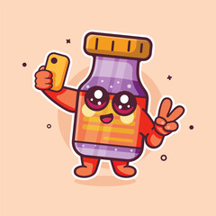 cheerful vaccine bottle character mascot taking a selfie with a smartphone isolated cartoon 