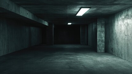 Empty interior of a dark basement room with concrete walls Architectural background in a 3D rendered image