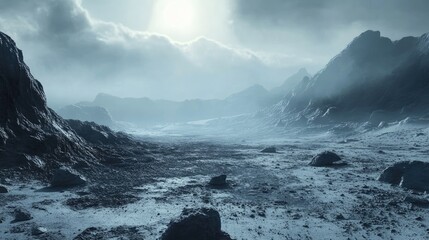 3D rendered illustration depicting an extraterrestrial landscape in a distant galaxy