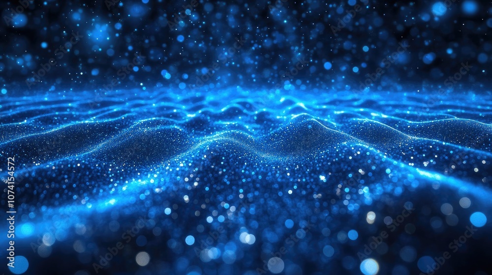 Poster numerous shimmering blue particles in a vast space captured in slow motion creating an abstract back