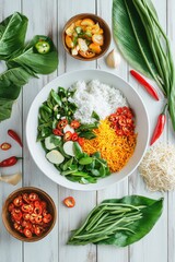 Delicious and colorful Thai food with rice, vegetables, and chili peppers.