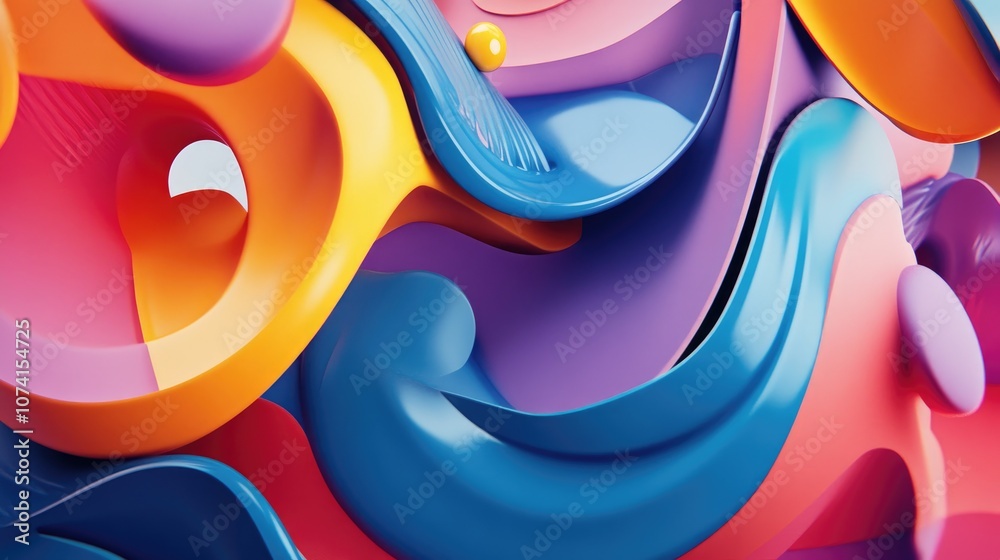 Poster three dimensional rendering of a vibrant abstract design featuring flowing shapes and dynamic colors