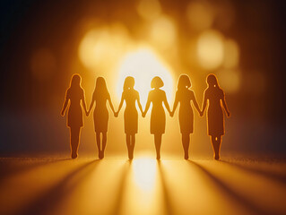 Fototapeta premium A group of six women holding hands, silhouetted against a warm sunset, embodying unity and companionship.