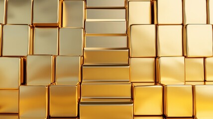 Naklejka premium A textured arrangement of shiny gold bars, with a gradient staircase of gold blocks leading upward, exuding wealth and opulence.