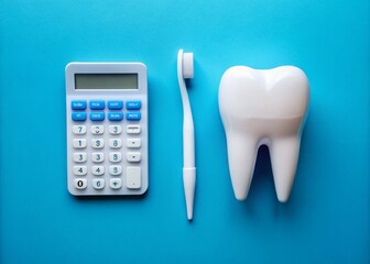 Stylish White Calculator with Tooth and Toothbrush on a Vibrant Blue Background, Perfect for Dental Hygiene and Education Themes in Creative Fashion Photography