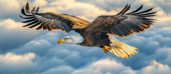 Obraz premium A majestic bald eagle soars through a breathtaking sky, its powerful wings spread wide as it glides effortlessly above a sea of clouds.