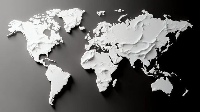 background with 3d world map model showing continents and countries, global geography, physical map design, international borders, and geographic features