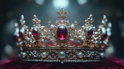 Fototapeta premium A golden crown with red gemstones and pearls on a red velvet cushion.