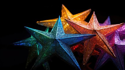 Colorful stars on a black background create a festive holiday atmosphere