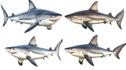 Set of Four White Sharks Isolated on a Transparent Background Generative AI