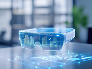 Futuristic AR glasses display digital overlays, reflecting advanced technology and innovation in augmented reality environments.