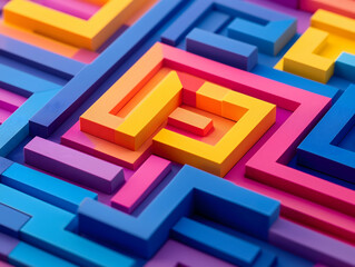 Fototapeta premium A vibrant, abstract arrangement of colorful, geometric shapes creating a maze-like pattern in shades of blue, pink, yellow, and purple.