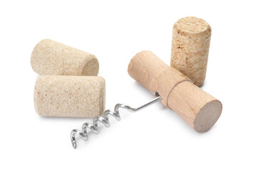 Corkscrew with wooden handle and corks isolated on white