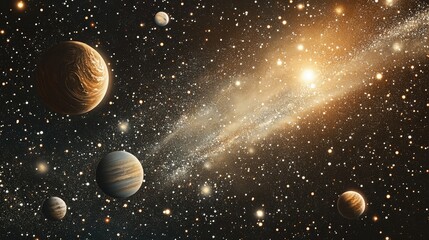 2D illustration of a realistic starry background Depth of interstellar space featuring bright stars planets and moons Various imaginative science fiction backdrops for creative projects