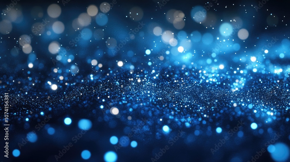 Poster numerous shimmering blue particles in a vast space captured in slow motion creating an abstract back
