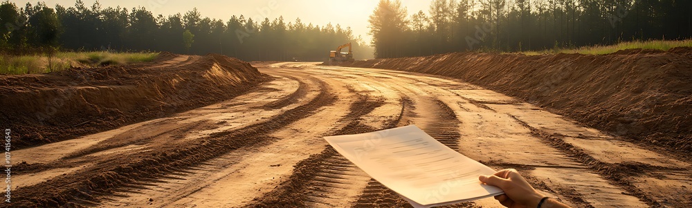 Poster a hand holds a paper on a muddy road, with the sun setting in the background, surrounded by trees, c