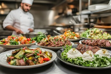 Fototapeta premium Delicious grilled meat and fresh salad plates in a professional kitchen setting.