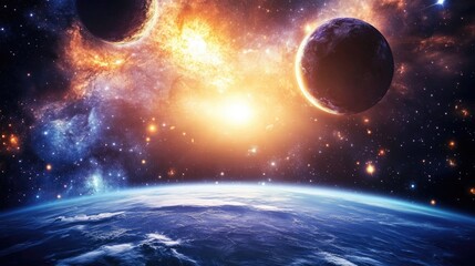 Celestial bodies of a planet and galaxy in open space Elements contributed by a space agency