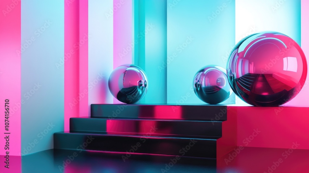 Poster dynamic interior featuring smooth black and colored gradient objects 3d illustration and rendering