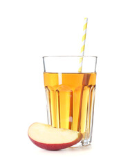 Tasty apple juice in glass and fresh fruit isolated on white