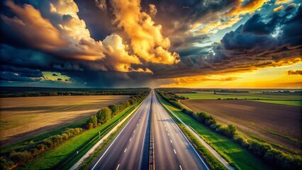 Obraz premium Surreal Diminishing Aerial Perspective of a Two-Lane Highway Under a Moody Cloudy Sky, Evoking a Dreamlike Atmosphere with an Expansive View of Nature