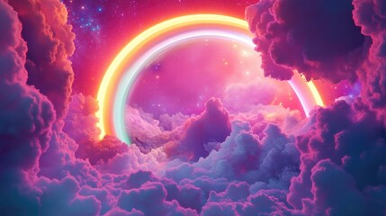 Galactic sky formations featuring sunlight rays and a vibrant rainbow illustrated in 3D with phosphorescent details