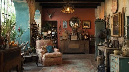 A cozy living room with a floral armchair, a wooden console table, and a large window overlooking a lush garden.