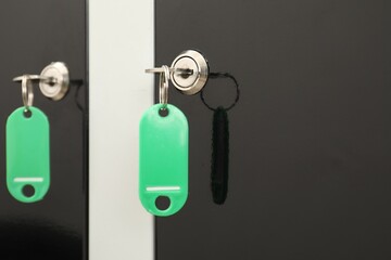 Modern lockers with bright keys, closeup view