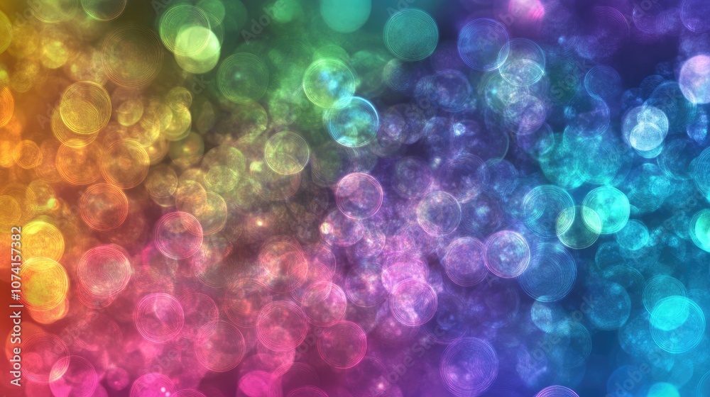 Poster multicolored bokeh circles create a glamorous abstract background filled with shimmering particles