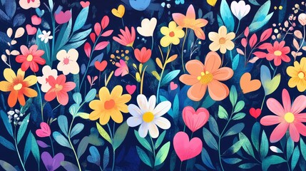Vibrant floral backdrop featuring beautiful flowers and hearts ideal for greeting cards romantic occasions or wedding invitations