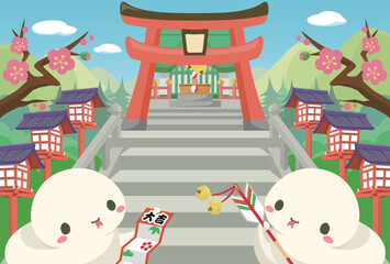 年賀状 2025年　巳年　初詣に行く辰のテンプレート（文字なし）