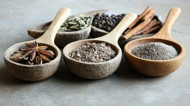 Colorful Display of Various Spices in Wooden Spoons on a Rustic Surface Featuring Star Anise, Cumin, Poppy Seeds, and Cinnamon Sticks for Culinary Inspiration