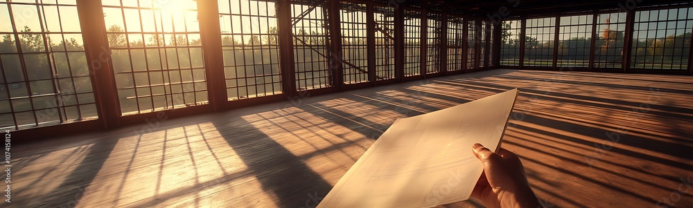 Poster a serene space with sunlight casting shadows, featuring a sheet of paper resting on a wooden surface