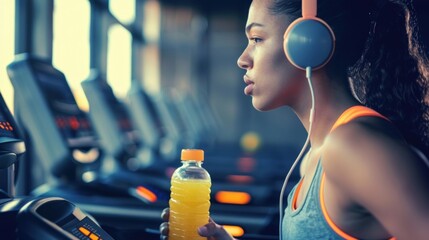 A young woman jogs on a treadmill bobbing her head to the upbeat music playing in her headphones a bottle of fresh juice p in the cup holder.
