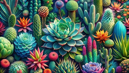 Obraz premium Surrealist Pattern of Mexican Cacti, Aloe, and Succulents Blending Nature and Fantasy for Unique Home Decor and Fashion Prints