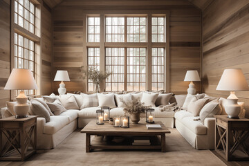 Fototapeta premium Chic Neutral Living Room with Candles, Lamps, and Wooden Coffee Table