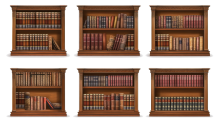 Wooden Bookshelves With Various Books on Clear Background Generative AI