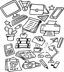 
Hand-Drawn Office and Business Doodle Set - Black and White Illustration Free Vector